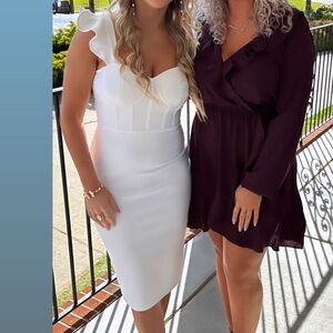 White bodycon dress midi length wedding outfit